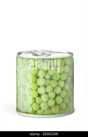 A tin of canned green peas with a key for opening, stylized as a glass jar for displaying the product inside, isolate on a white background front view Stock Photo