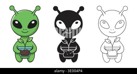 Cute Alien Holding Plant Pot Vector in Colorful Silhouette and Outline Style for Earth Day Design Stock Vector