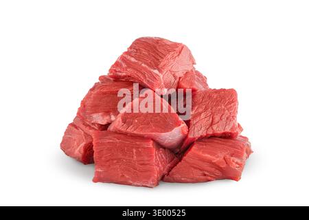 red raw beef meat cut into pieces in a small pile - isolate on a white background, ingredient dose measure to add to recipes when cooking according to Stock Photo