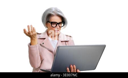 Mature woman struggling with laptop technology feeling frustration Stock Photo