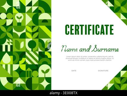 Environment business certificate template with geometric Bauhaus pattern. Ecology sustainability vector diploma, planet Earth protection certificate. Nature save award document with Bauhaus shapes Stock Vector