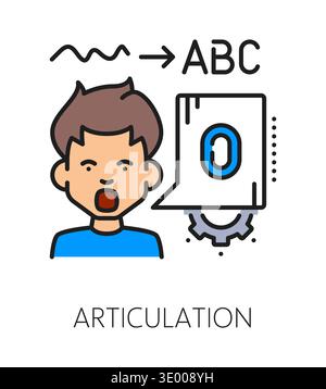 Kids articulation cognitive ability color line icon or pictogram. Child mental capability outline vector icon, articulation cognitive ability symbol with boy character pronouncing ABC letter sounds Stock Vector