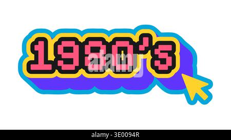 1980s Y2K groovy sticker or retro print. Vintage PC technology Y2K vector sticker, 2000s computer hardware cartoon tag. 8bit gaming label with pixelated 1980s year number and mouse pointer arrow Stock Vector