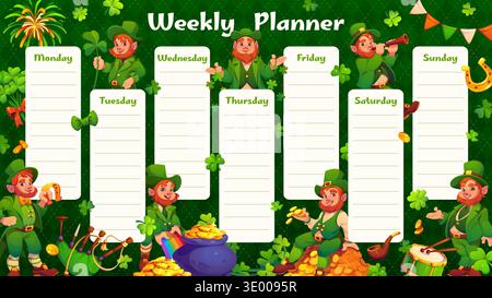Weekly planner schedule with leprechaun characters. Education vector schedule, week planner or kid timetable with St Patrick's funny leprechauns personages, clover, pot of gold and music instruments Stock Vector