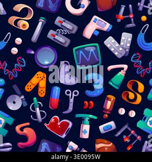 Cartoon medical font letter seamless pattern. Medicine vector seamless backdrop. Fabric background or or pattern with medicine pills, instrument and laboratory equipment alphabet letters and symbols Stock Vector