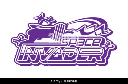 Space invader and cosmos retro Y2K icon or emblem. Universe exploration vector icon, cosmos travel element. Galaxy research Y2K symbol with alien invaders weapon, laser blaster, futuristic typography Stock Vector