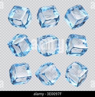 Realistic ice cubes, isolated crystal ice blocks on transparent background. Vector 3d frozen drinking water cubes with translucent blue square facets and icy texture, cool frosty crystals set Stock Vector