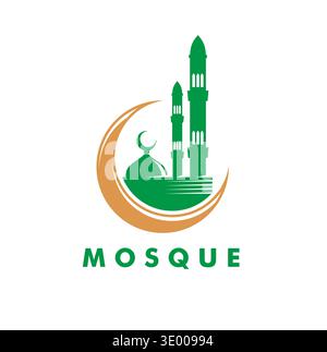 Ramadan muslim mosque abstract icon or symbol. Islam mosque graphic label, Muslim culture center vector symbol. Islamic religion abstract emblem or icon with crescent moon, mosque minaret and dome Stock Vector