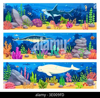 Game underwater landscape or seascape vector background coral reefs, seaweeds, rocks, tropical fish and large sea mammals. Hammerhead shark, narwhal and white beluga among fish and starfish Stock Vector