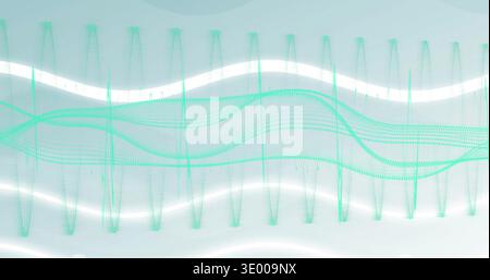 Displaying layered teal waveform structure flowing across pale cyan gradient, with dotted pillars Stock Photo