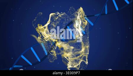 Swirling blue DNA helix running across deep navy backdrop with golden ribbon, cyan rungs, lights Stock Photo