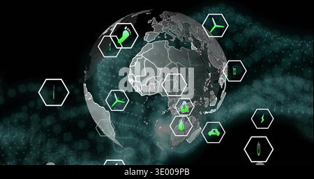 Displaying stylized globe centered on Africa Europe in AR HUD, showing hex-frames with green icons Stock Photo
