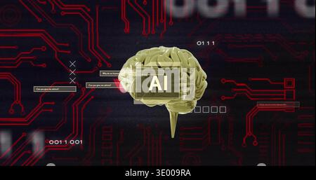Floating gold 3D brain model hovering over red circuit traces, showing AI label, UI windows Stock Photo