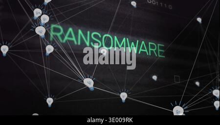 Displaying green RANSOMWARE text glowing over cyber grid, connecting lightbulb node icons Stock Photo