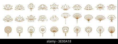 Japanese lotus blossom and fan icons with vector line oriental pattern of flowers, clouds, feathers and sun, eye and fuji mountain. Paper folding and rigid hand fans, blooming lotus outline gold icons Stock Vector