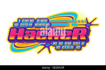 Computer hacker Y2K retro icon or emblem. Vintage software Y2K vector emblem, digital technology vintage symbol. Computer security and hacker attack sign with binary code and futuristic typography Stock Vector