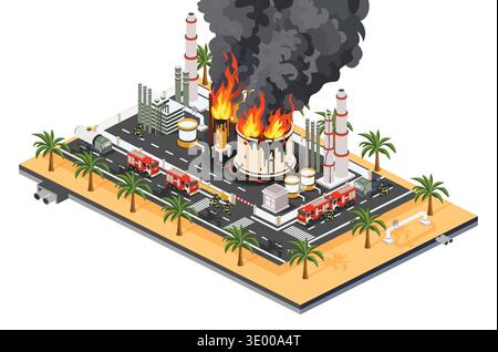 Oil refinery fire in desert industrial zone with firefighters and emergency response. Isometric vector illustration. Object isolated on white backgrou Stock Vector