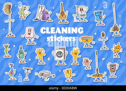 Housekeeping and cleaning groovy characters stickers. Home cleaning, household appliances groovy vector characters with floor mop, vacuum cleaner robot, washing machine and trash can, window scraper Stock Vector