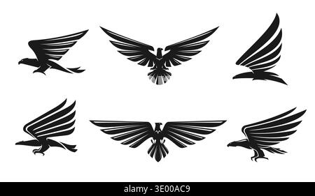 Black eagle, falcon and hawk icons, heraldic bird symbols with spread wings. Vector silhouettes of flying black eagle birds for military heraldry, sport team coat of arms and tattoo elements Stock Vector