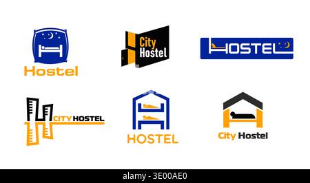 Hostel hotel icons of vector beds, pillows and city buildings in shape of letter H with moon and stars. Travel waypoint, accommodation and journey stopping place isolated symbols for hostel or hotel Stock Vector