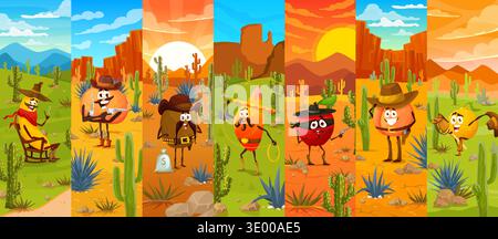 Wild west cowboy, sheriff and bandit fruit characters collage at western landscape. Cartoon vector banana, peach, kiwi, orange, mango and lemon in cowboy costumes, hats and belts. Cute kids personages Stock Vector