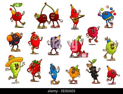 Groovy berry characters on holiday party. Cartoon happy fruit food vector personages of retro y2k strawberry, cherry and grapes, groovy y2k raspberry and currant with party hats, glasses and gift box Stock Vector
