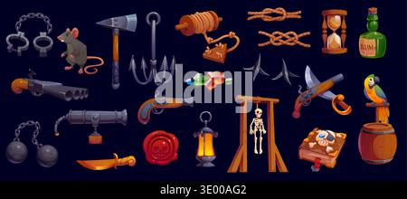 Cartoon 3d pirate game icons, Caribbean corsairs weapons and accessory, vector GUI assets. Pirate treasure gems, swords and guns, corsair knots and cannon, parrot, rum and boarding hook game icons Stock Vector