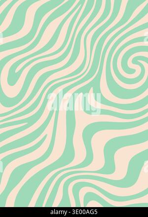 Funky wavy green line groovy pattern or wallpaper. Wavy line groovy print, distorted spiral retro pattern. Trippy funky background Stock Vector