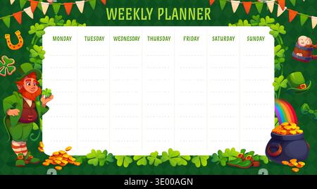 Weekly planner with Irish leprechaun and holiday shamrock clover. Education vector agenda, daily schedule or kid lessons timetable template with St Patrick's objects, pot of gold, top hat and rainbow Stock Vector