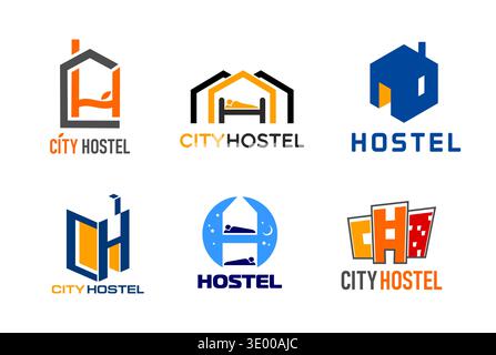 Hostel hotel icons of vector abstract house buildings with bunk beds, windows, night sky moon and stars. Hostel or hotel accommodation isolated color symbols set, travel rest place and map waypoint Stock Vector