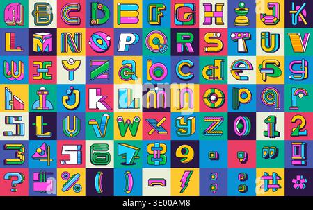 Color y2k font, retro geometric typeface letters english alphabet, vector typography groovy type. Vintage psychedelic abc characters font of y2k geometric letters and numerals, retro typeface set Stock Vector