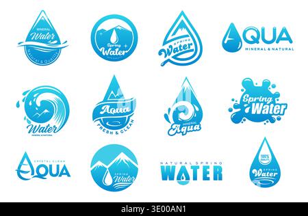 Mineral and spring water icons with vector blue drops, splashes and droplets of clean aqua. Pure eco mineral and natural mountain spring water isolated labels set of waterdrops, circles and waves Stock Vector