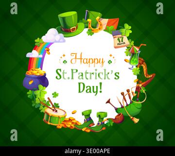 Happy St Patrick's day round frame greeting card or banner. Ireland folk celebration vector greeting card. Saint Patrick holiday flyer with leprechaun hat, shoes and pot, music instruments, clovers Stock Vector