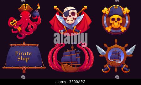 Cartoon pirate heraldry icons of vector skull with captain hat and eye patch, ships black sails and wheel. Pirate corsair heraldic badges of crossed swords, barrel, Caribbean Sea octopus monster, bomb Stock Vector