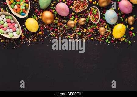 Border of colored and chocolate eggs Stock Photo