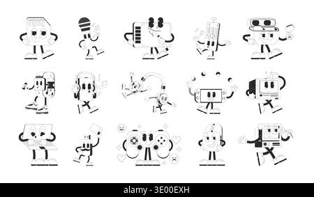Outline groovy technology mascot characters set Stock Vector