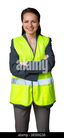 Female worker in high-visibility vest with arms crossed isolated on transparent background. Stock Photo