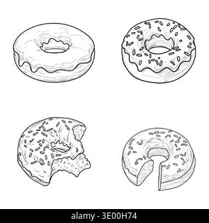 Donut with glaze and topping, hand drawn sketch. Vector illustration. Sweet flour pastries, bitten donut, set isolated on white background. For Stock Vector