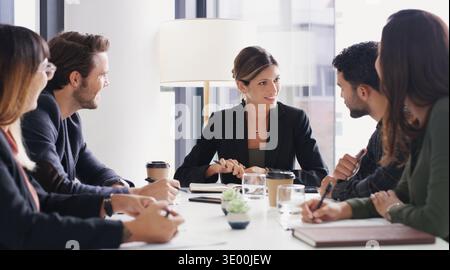 Investor, discussion and business people in office, meeting and feedback for financial proposal. Trader, profit growth and economy professional in Stock Photo