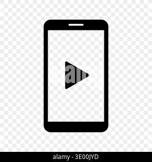 Smartphone video icon. Mobile player Vector. Black phone symbol. Gray checkered transparent grid background image style. Stock Vector