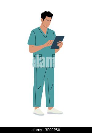 Male doctor in teal scrubs using a tablet Stock Vector