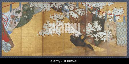 This stunning six-panel screen, likely from the early 20th century, depicts vibrant cherry blossoms on a golden background, complemented by draped textiles. The intricate patterns and rich colors suggest a masterpiece of Japanese art, possibly a folding screen ('byōbu'). Stock Photo