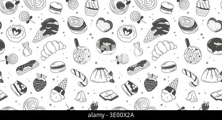 Sweet pastries and candies seamless pattern. White background with hand drawn delicacies. Print with sweet food and desserts, vector graphics Stock Vector