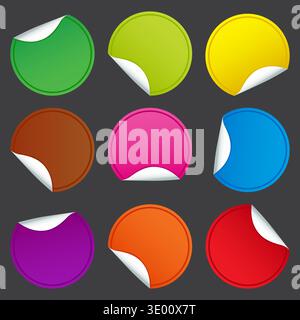 Colorful circle stickers. Set of round blank sticker icon labels, adhesive badges collection. Paper fold sticky notes mockup with curled corners. Stock Vector