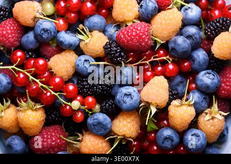 Macro background of mixed berries filling the frame. Blueberries, raspberries, currants and gooseberries, vibrant summer texture Stock Photo