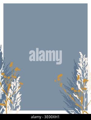 Whispers of the Wild Meadow. Minimalist Botanical Composition on Dusky Blue. Cottagecore. Elegant Grass Silhouettes with Central Copy Space. Bohemian Stock Vector