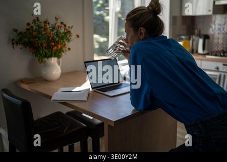 Relaxed mature woman working on laptop in kitchen, drinking water and reading notes in notebook. Stock Photo