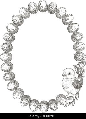 Easter wreath with eggs and cute chick in vintage style. Hand drawn vector decorative festive design. Graphic circle frame for outline art greeting card template. Perfect for spring holiday season. Stock Vector