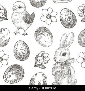 Easter seamless pattern with bunny and chick black and white background. Hand drawn vector design in vintage sketch style. Cute outline print ideal for wallpaper. Perfect for holiday fabric and paper. Stock Vector