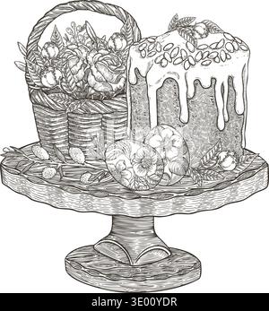 Easter Kulich with rose basket on the cake stand. Vector outline art illustration in vintage sketch style. Festive bakery decorated with flower and almond. Hand drawn design for cooking card template. Stock Vector